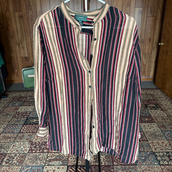 Lauren by Ralph Lauren Silk Linen Blend Button Down Women's Multicolor Stripe - Picture 5 of 9